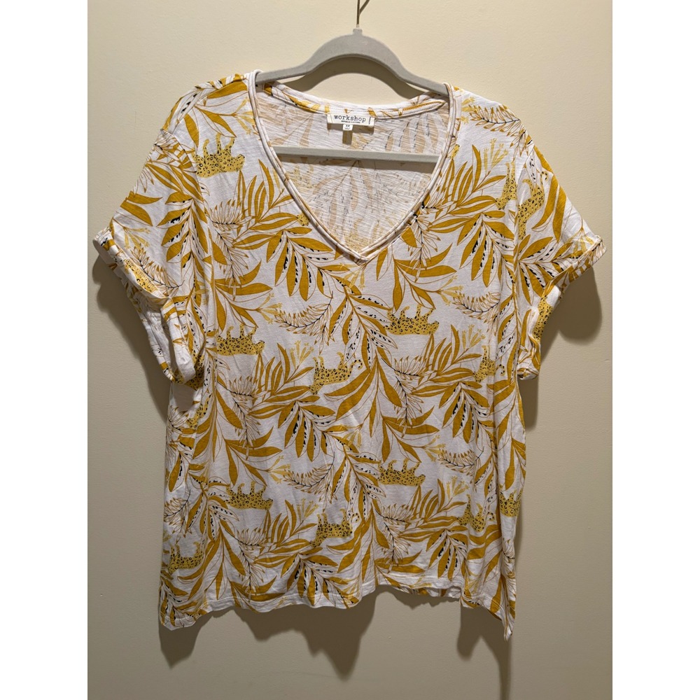 Workshop Republic Clothing Yellow Tropical Leopard Print V-Neck T-Shirt 3X